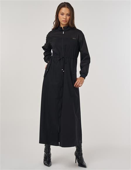 Drawstring Waist Rayon Dress – Black