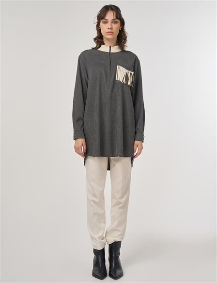 Tassel-Detail Stand Collar Velvet Tunic – Khaki