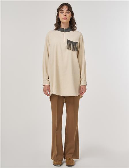 Tassel-Detail Stand Collar Velvet Tunic - Cream 