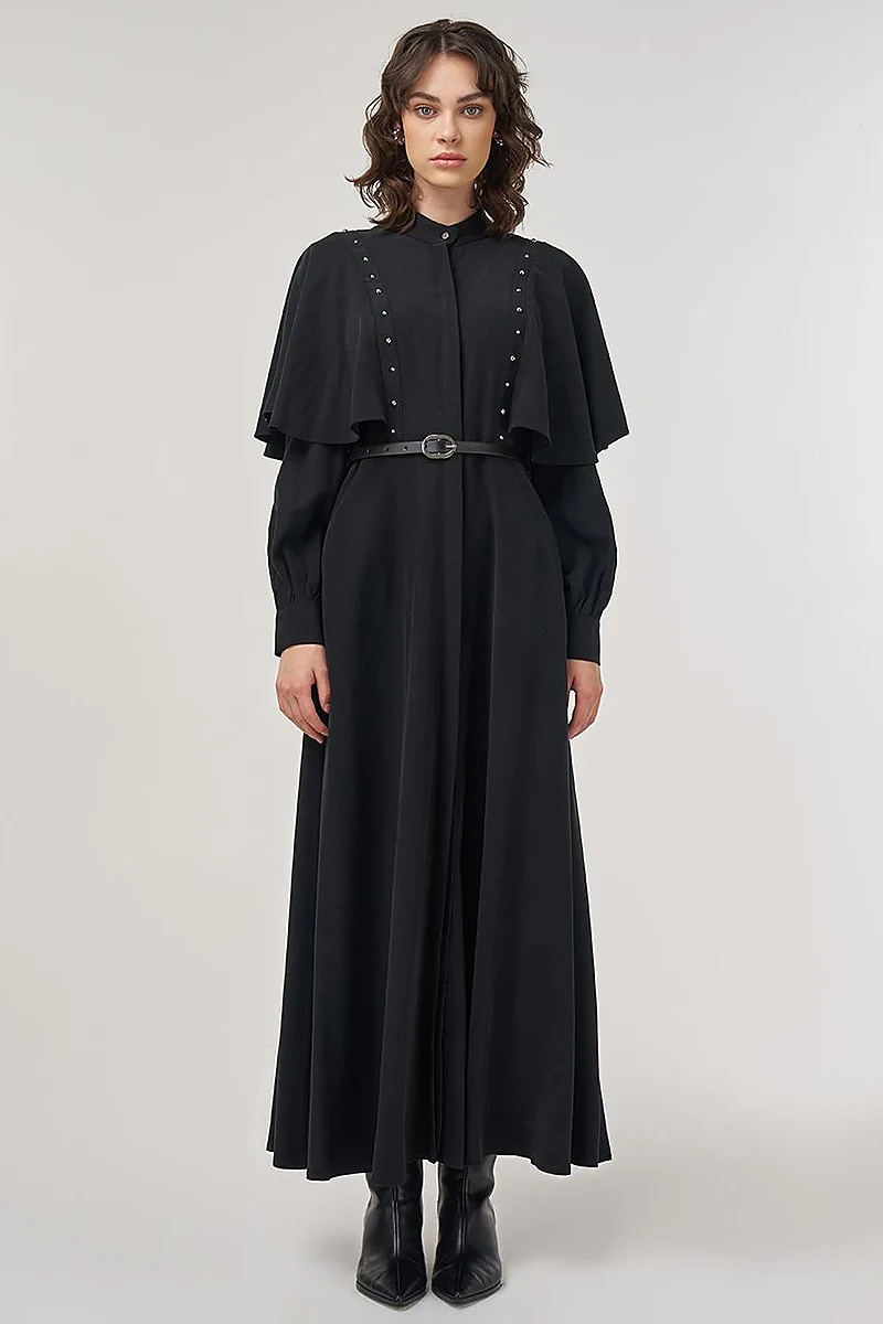 Belted Maxi Rayon Dress Black