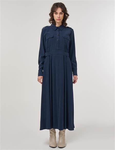 Pocket-Detail Rayon Dress – Dark Navy 