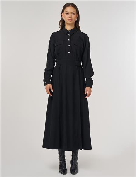 Pocket-Detail Rayon Dress – Black