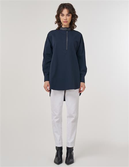 100% Cotton Tunic with Bead Embroidery Dark Navy 
