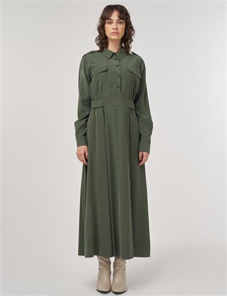 Pocket-Detail Rayon Dress – Forest Green