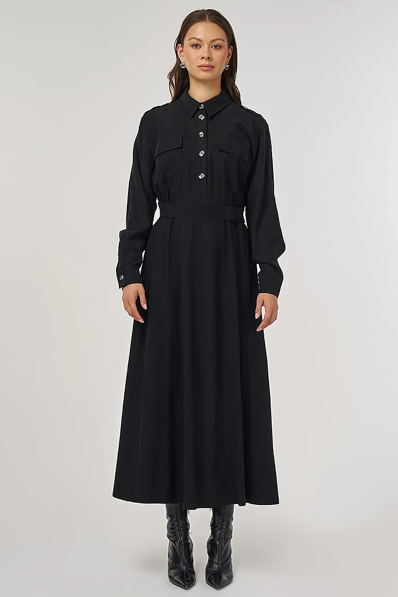 Pocket-Detail Rayon Dress – Black