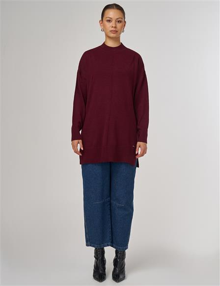 Dikiş Detaylı Triko Tunik Bordo