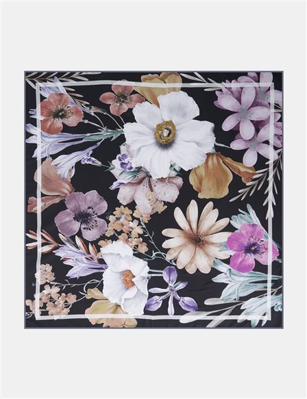 Floral Desenli Eşarp Siyah 
