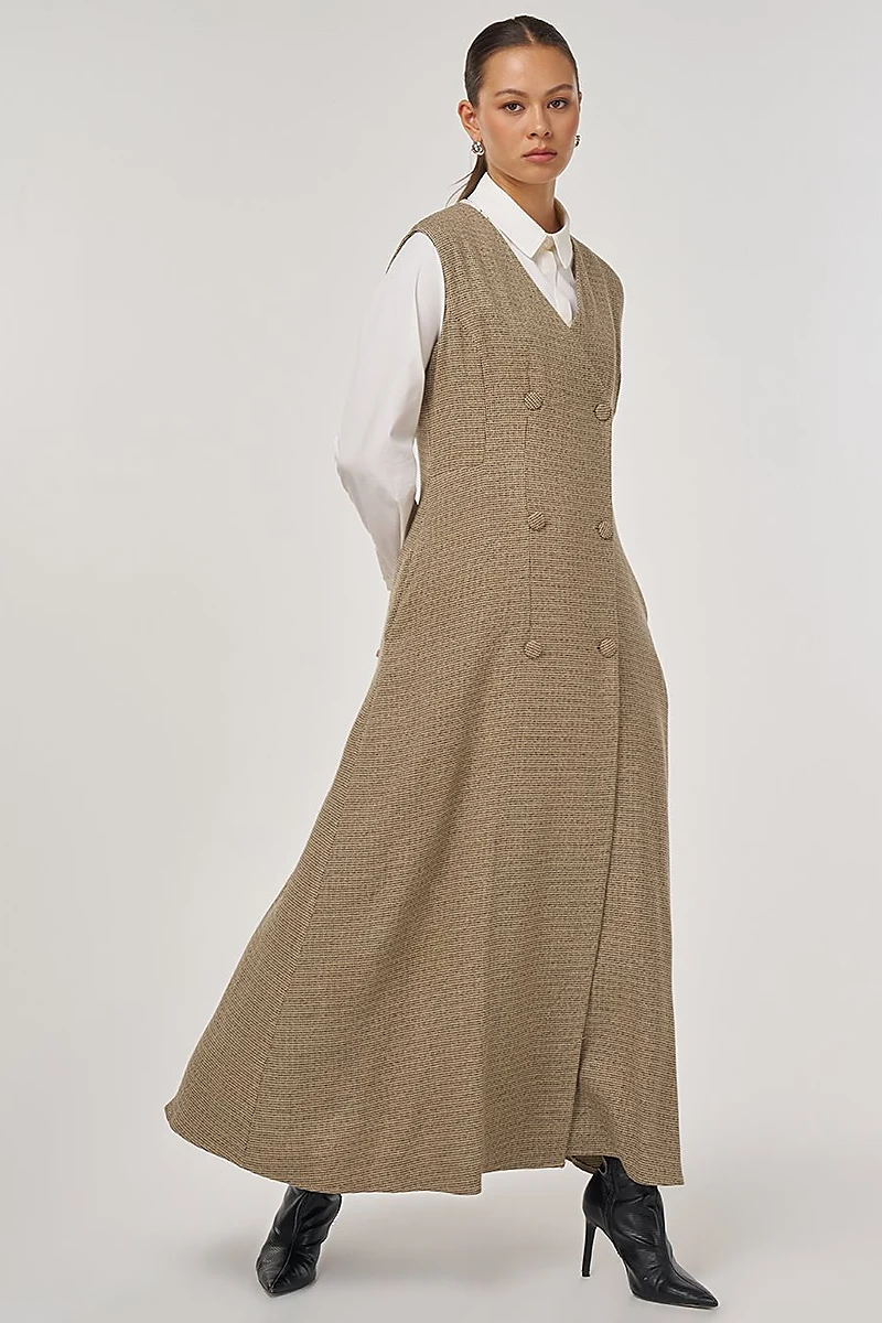 Wrap-Over Viscose Pinafore Dress Beige