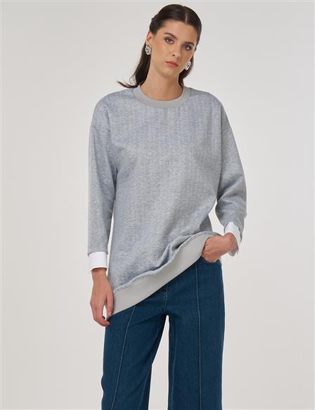 Patterned Crew Neck Sweatshirt in Light Gray