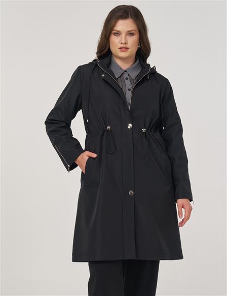 Zipper Detail Short Trench Coat in Black