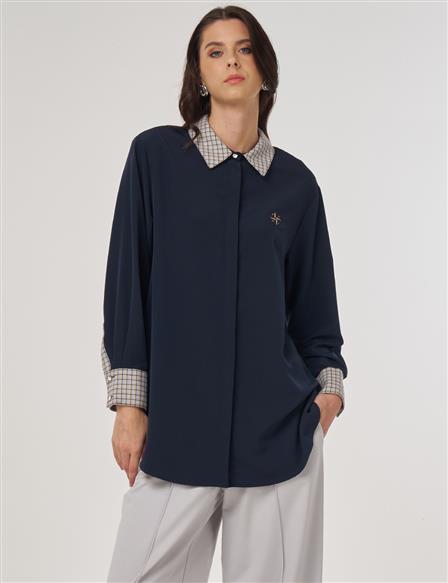Button-Detailed Shirt Collar Tunic in Dark Navy