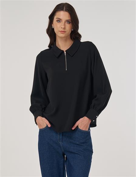 Polo Collar Blouse Black