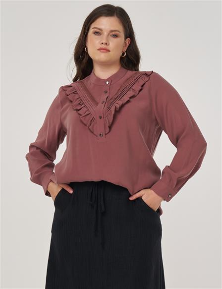 Button-Detailed Shirt Collar Blouse in Dark Rose