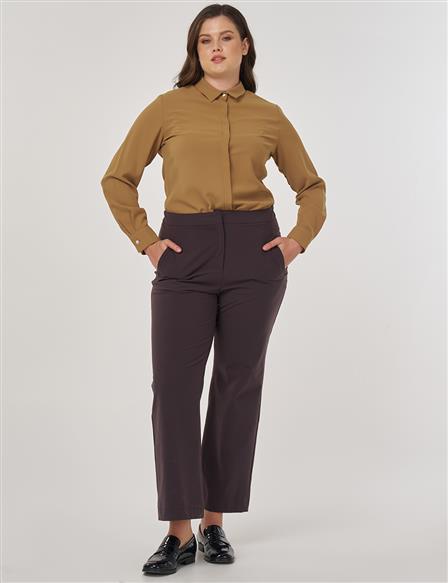 High-Waist Fabric Pants Dark Brown