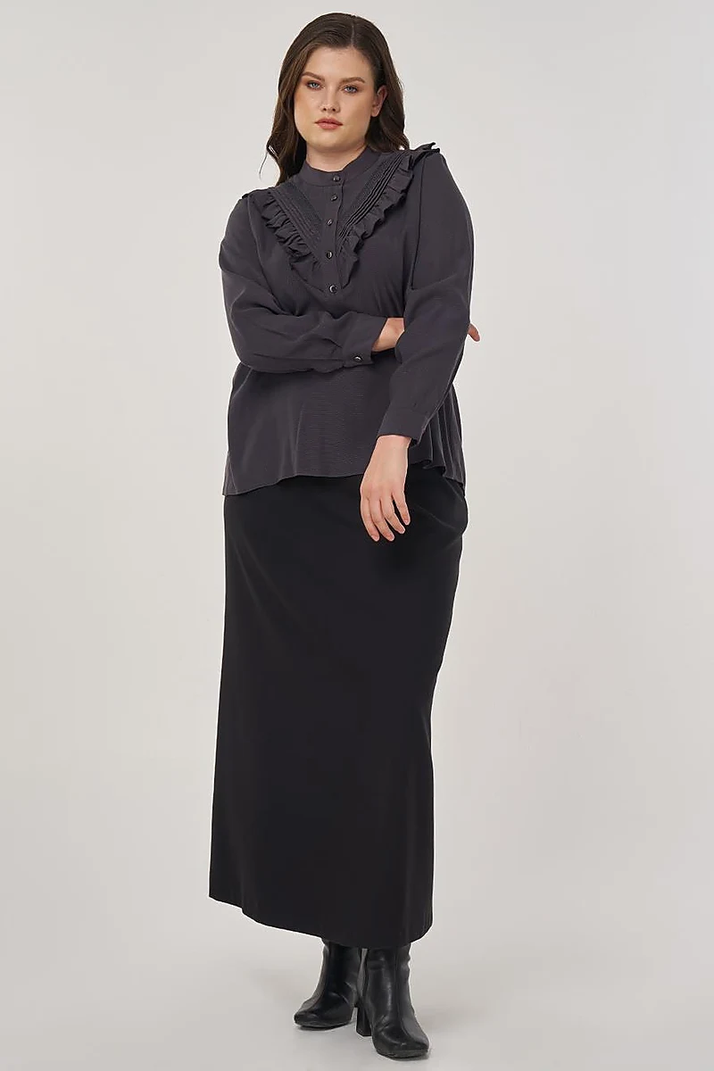 Düğme Detaylı Rayon Bluz Füme