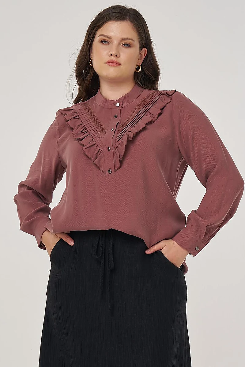 Düğme Detaylı Rayon Bluz Koyu Gülkurusu