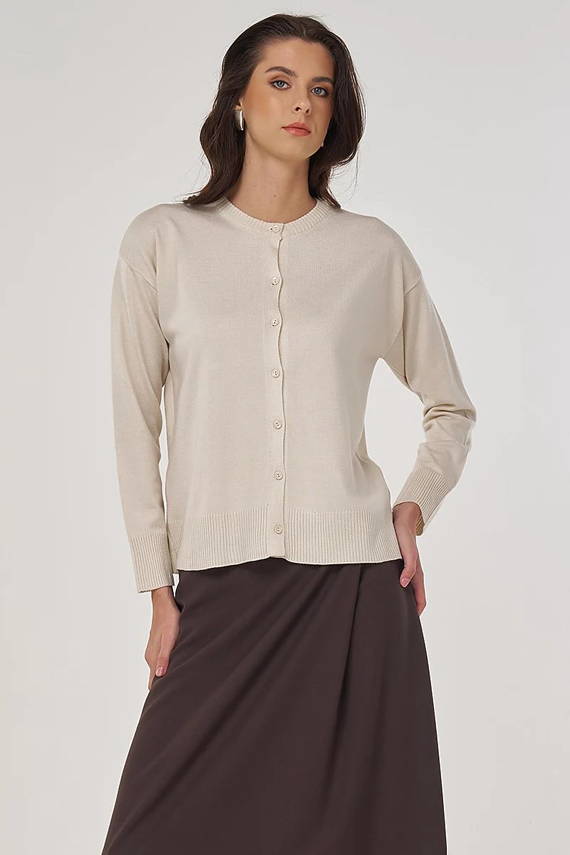 Düğme Detaylı Triko Hırka Ekru