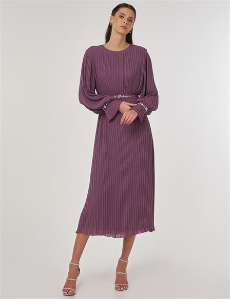 Stone-Embellished Elegant Dress in Lavender