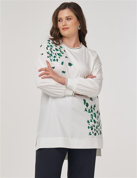 Viscose Tunic with Printed Details in Ecru