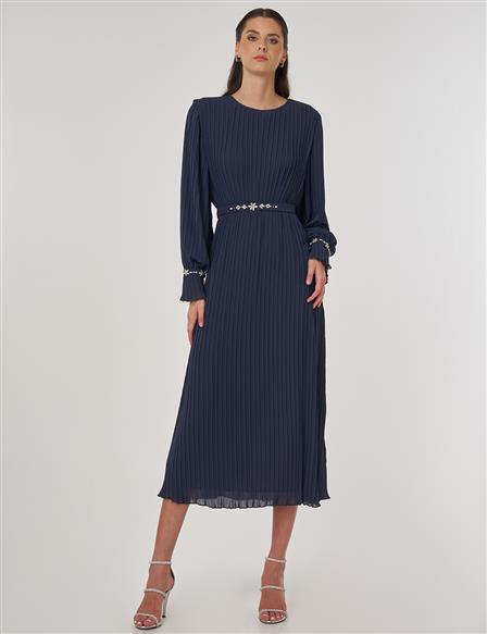 Stone-Embellished Elegant Dress in Anthracite