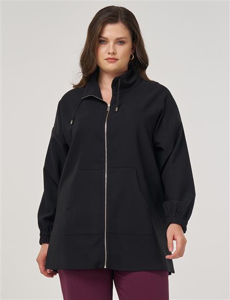 Wide Collar Zippered Tunic in Black