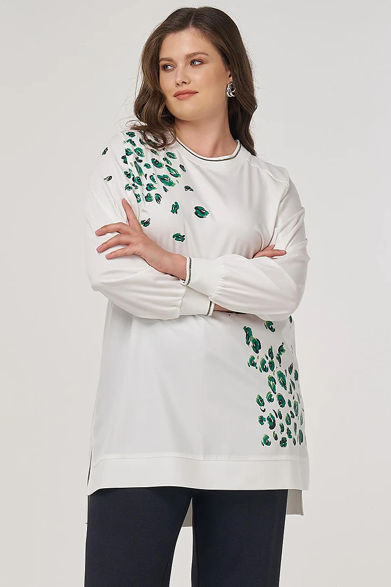 Viscose Tunic with Printed Details in Ecru