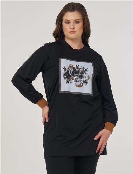 Rayon Sweatshirt with Visual Print in Black
