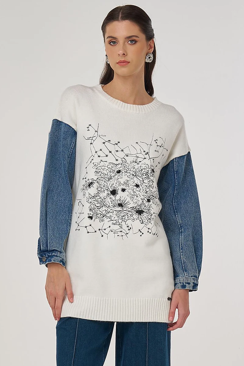 Denim Garnished Knit Tunic in Ecru