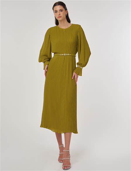 Stone-Embellished Elegant Dress in Pistachio Green