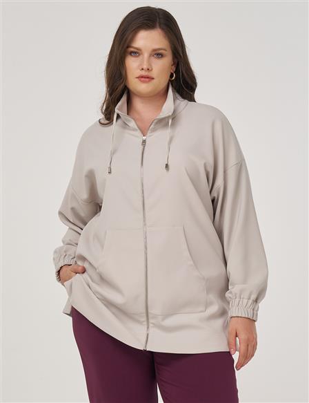 Wide Collar Zippered Tunic in Light Gray