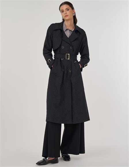 Embossed Epaulette Trench Coat in Black