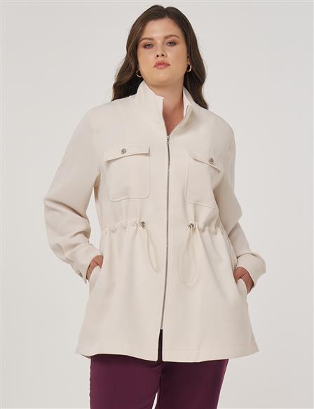 Elastic Waist Stand-Up Collar Jacket in Cream