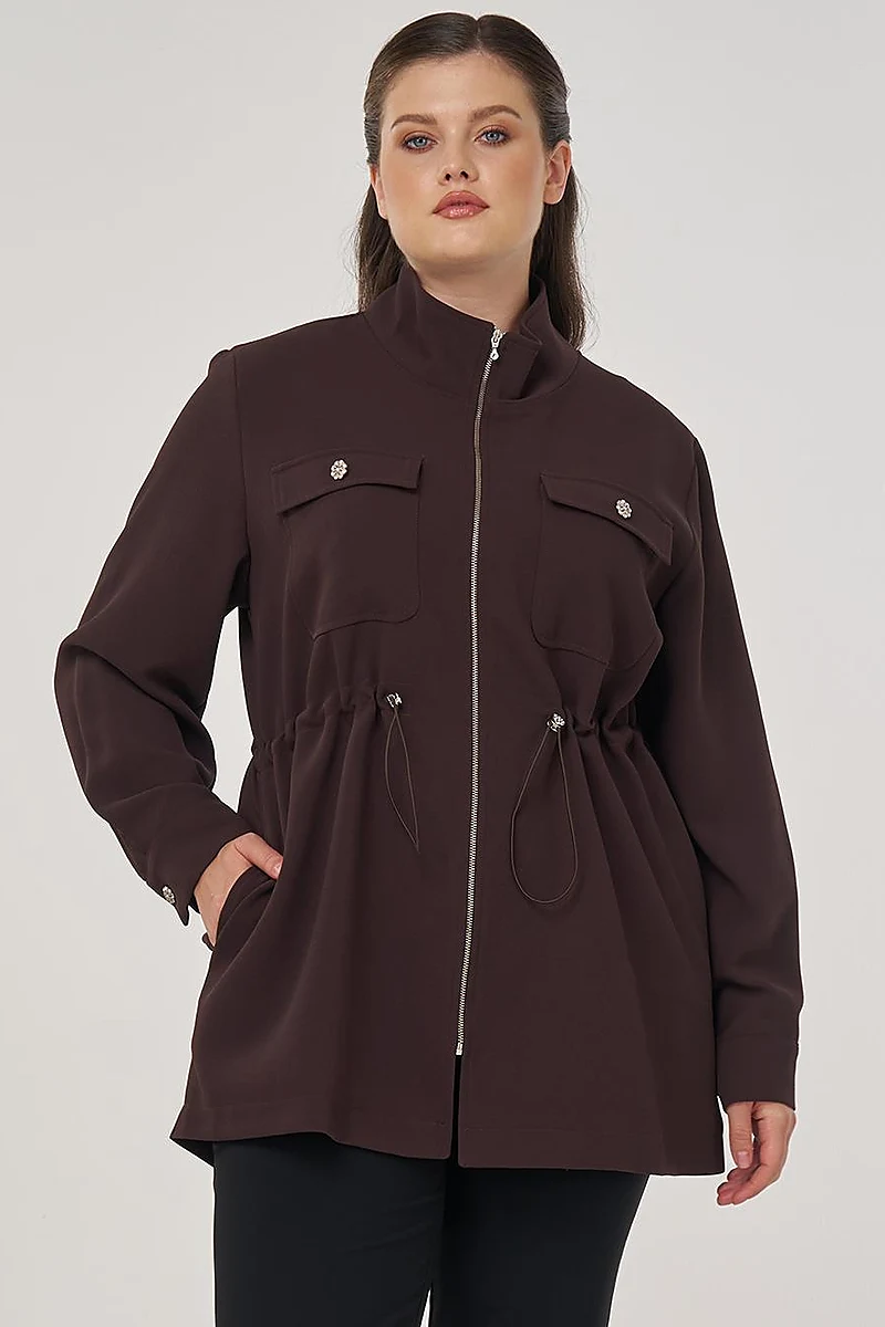 Elastic Waist Stand-Up Collar Jacket in Dark Brown