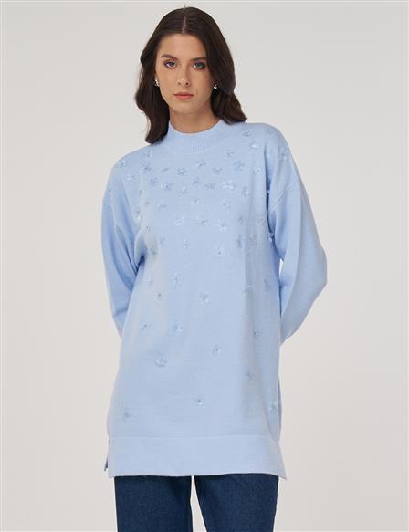 Floral Appliquéd Knit Tunic in Light Blue