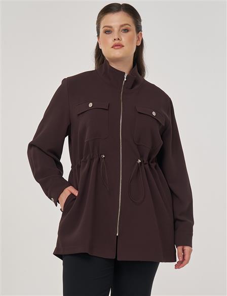 Elastic Waist Stand-Up Collar Jacket in Dark Brown