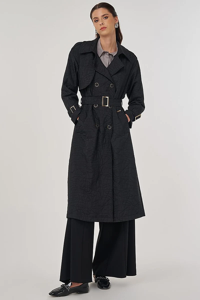 Embossed Epaulette Trench Coat in Black