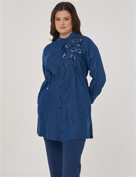 Embroidered Lyocell Tunic in Navy Blue