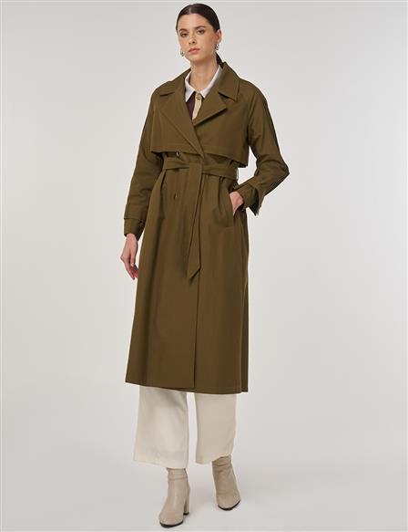 Epaulette Detailed Long Trench Coat Khaki