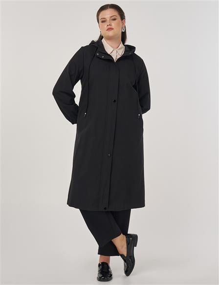 Long Hooded Trench Coat in Black