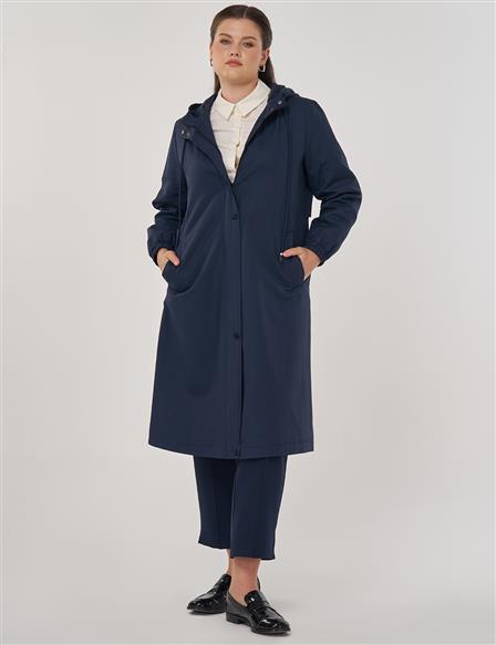 Long Hooded Trench Coat in Dark Navy