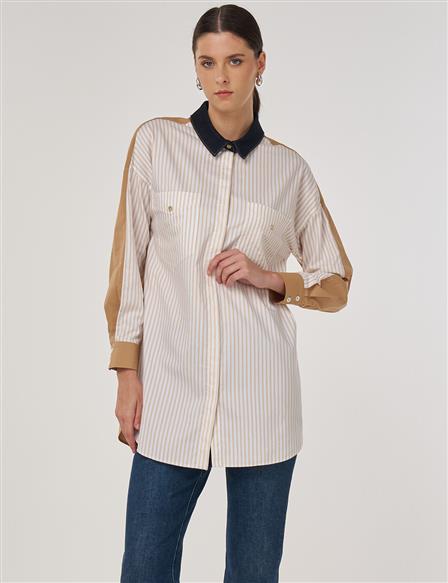 Color-Blocked Cotton Tunic Beige
