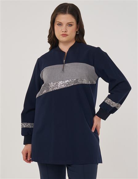 Sequin-Embroidered Cotton Tunic Dark Navy