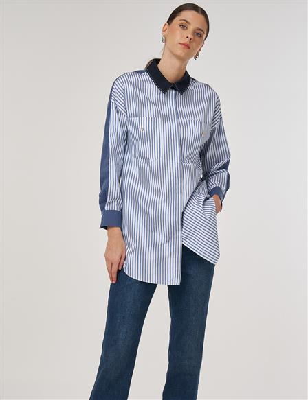 Color-Blocked Cotton Tunic in Indigo