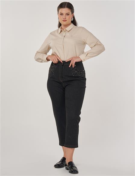Hotfix Printed Denim Pants in Black