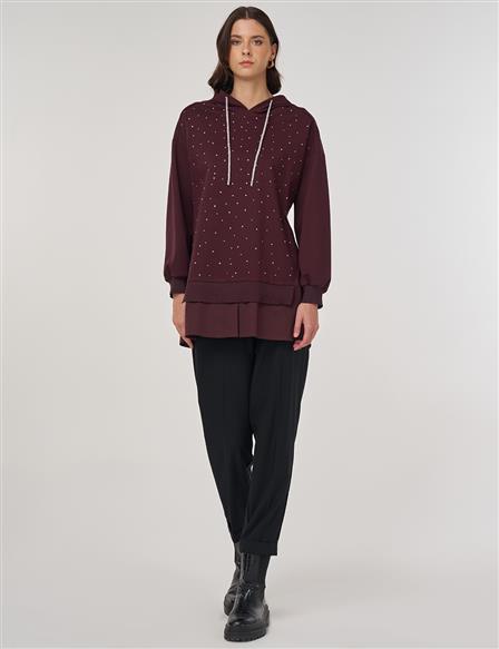 Hotfix Baskılı Rayon Sweatshirt Koyu Bordo 