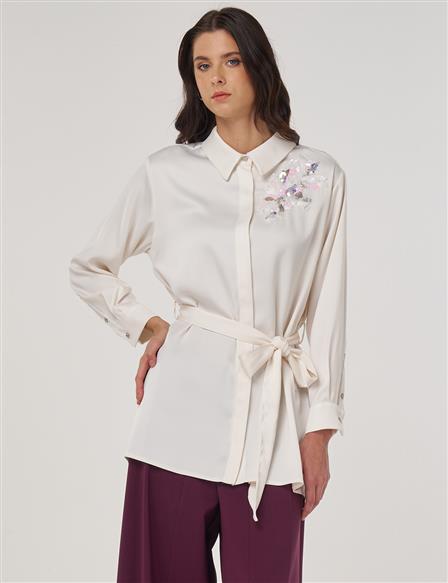 Sequin-Embroidered Satin Tunic Ecru