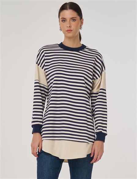 Çizgi Desen Pamuklu Sweatshirt Koyu Lacivert 