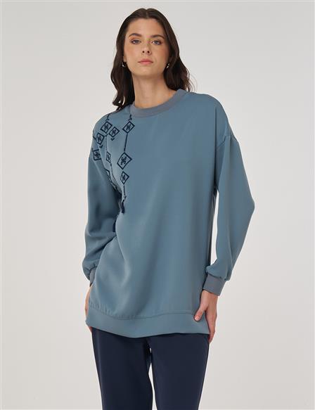 Nakış İşlemeli Sweatshirt Sisli Mavi