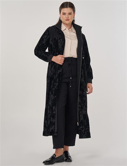 Abstract Patterned Garnish Placket Hidden Jacket in Black
