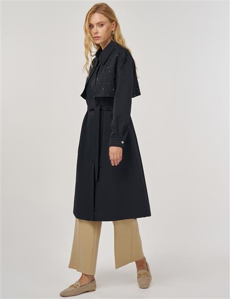 Hotfix Printed Trench Coat in Black